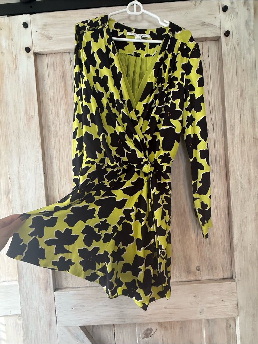Diane Von Furstenberg Black and Lime Floral Wrap Dress - Long Sleeve